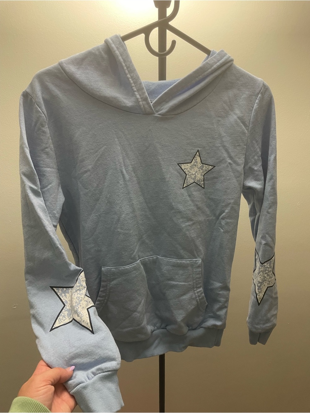 On Fire Light Blue Hoodie Sweater with Star Appliqués